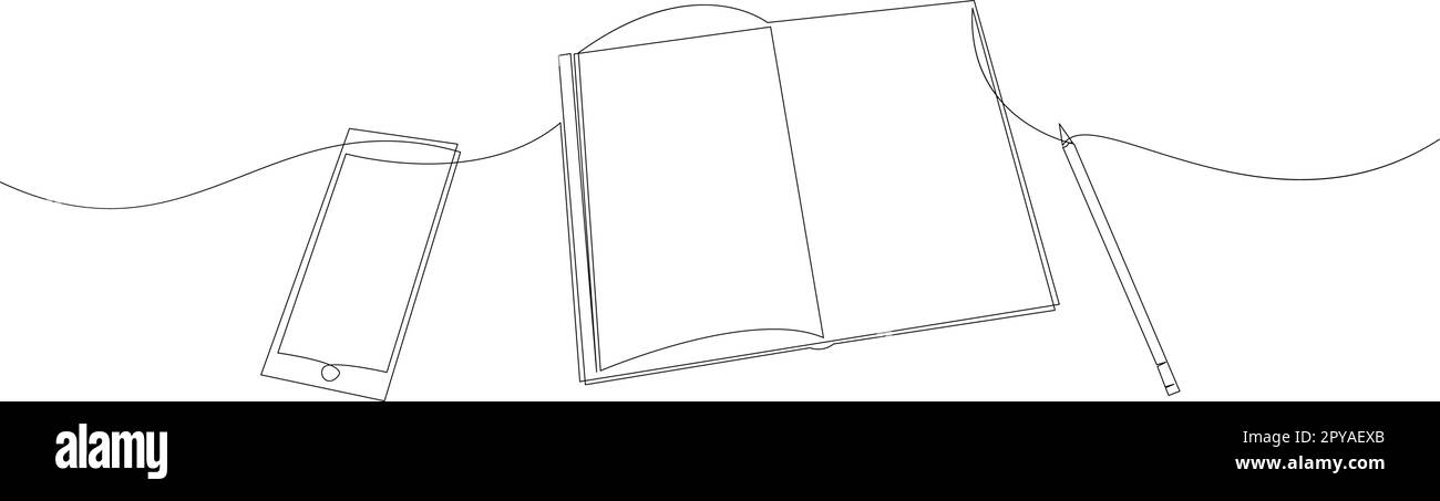 Espace de travail moderne dessin d'une ligne, téléphone intelligent, livre et crayon à main en continu. Symboles du travail créatif et du travail numérique de l'entreprise Illustration de Vecteur