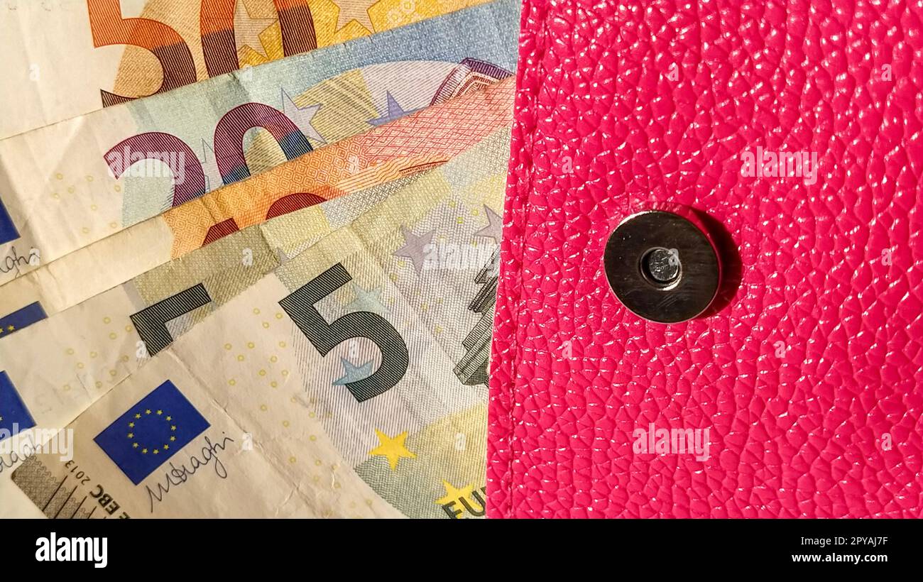 Billets en euros. Monnaie européenne sur fond blanc. Un sac à main ou un sac à main de couleur rose vif avec un bouton en métal, à partir duquel l'argent est réparti dans un ventilateur. Billets de 5, 10, 20, 50 et 100 Banque D'Images