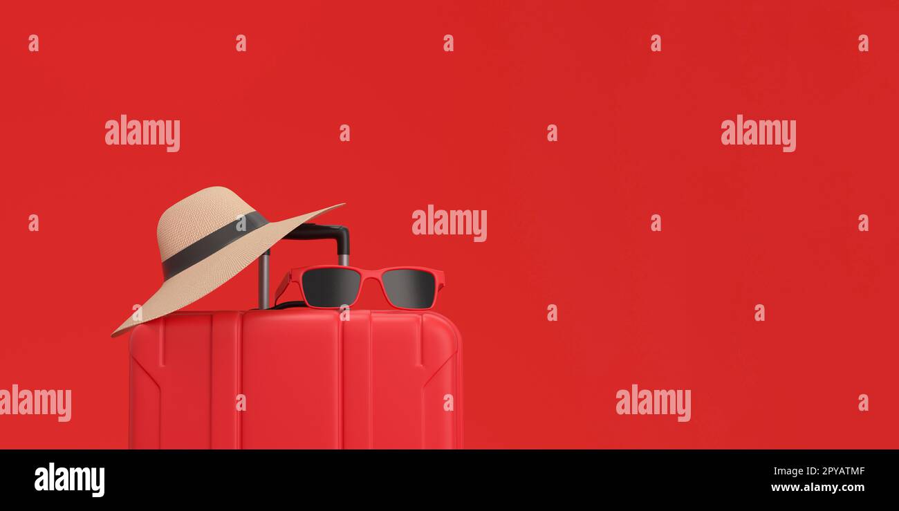 Vue panoramique de Suitcase avec lunettes de soleil et chapeau sur fond rouge. Concept de vacances exotiques. 3d rendu. Banque D'Images