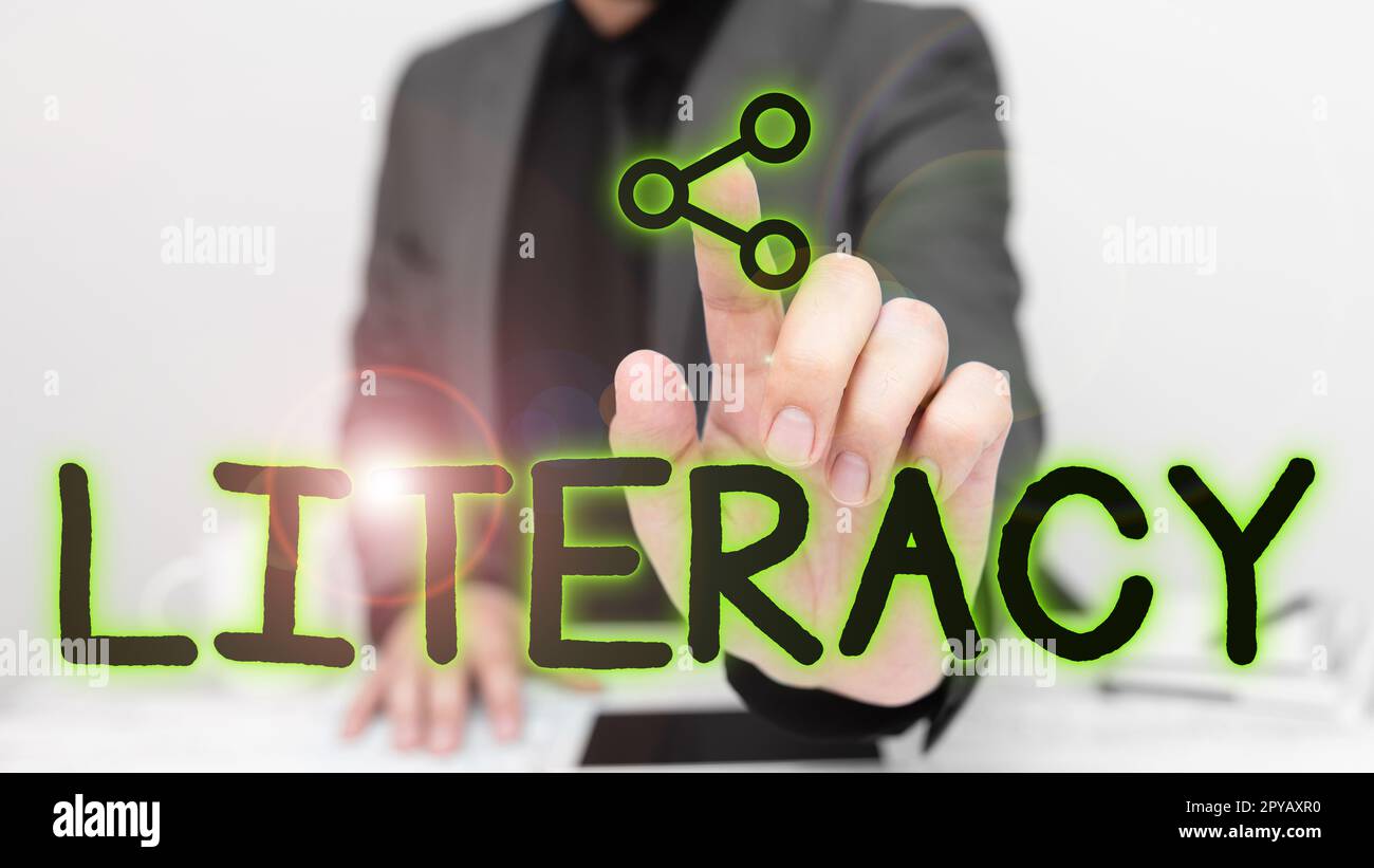 Écriture affichage de la littératie de texte. Concept signifie capacité à lire et à écrire des compétences ou des connaissances dans un domaine spécifique Banque D'Images
