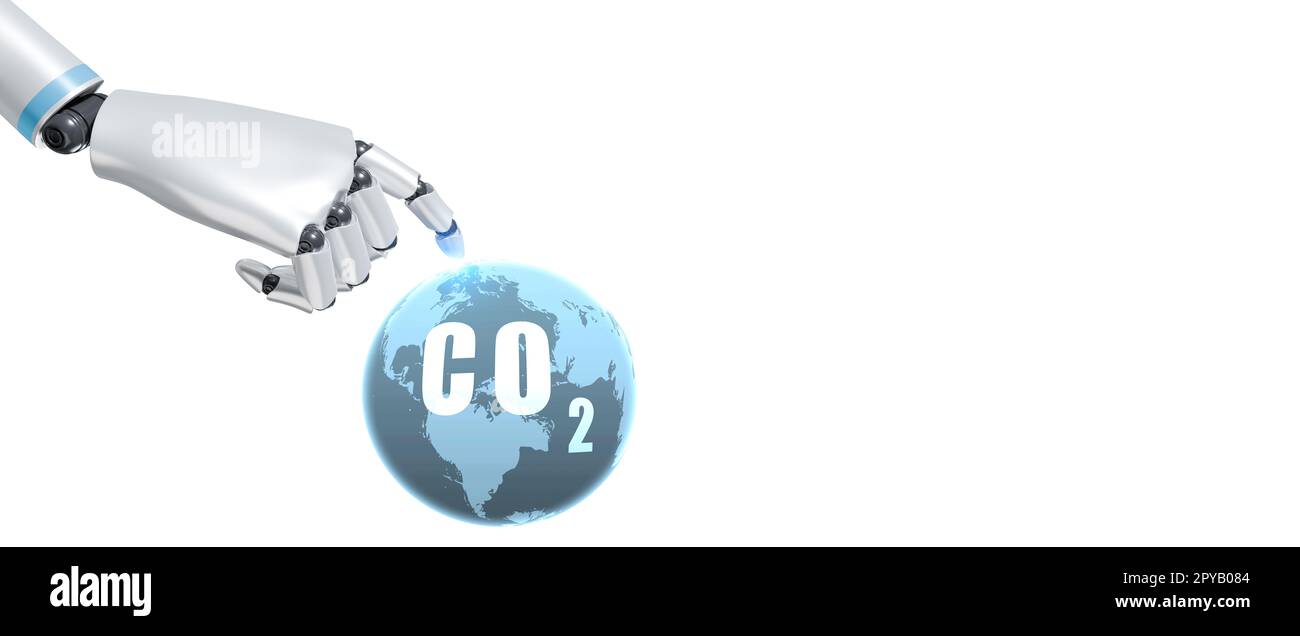 Concept neutre en carbone. La main du robot touche le CO2 dans la carte du globe isolé sur fond blanc. Concept mondial de neutralité carbone. IA et protection de l'environnement. Le rôle de l'IA dans la réduction du dioxyde de carbone. Banque D'Images