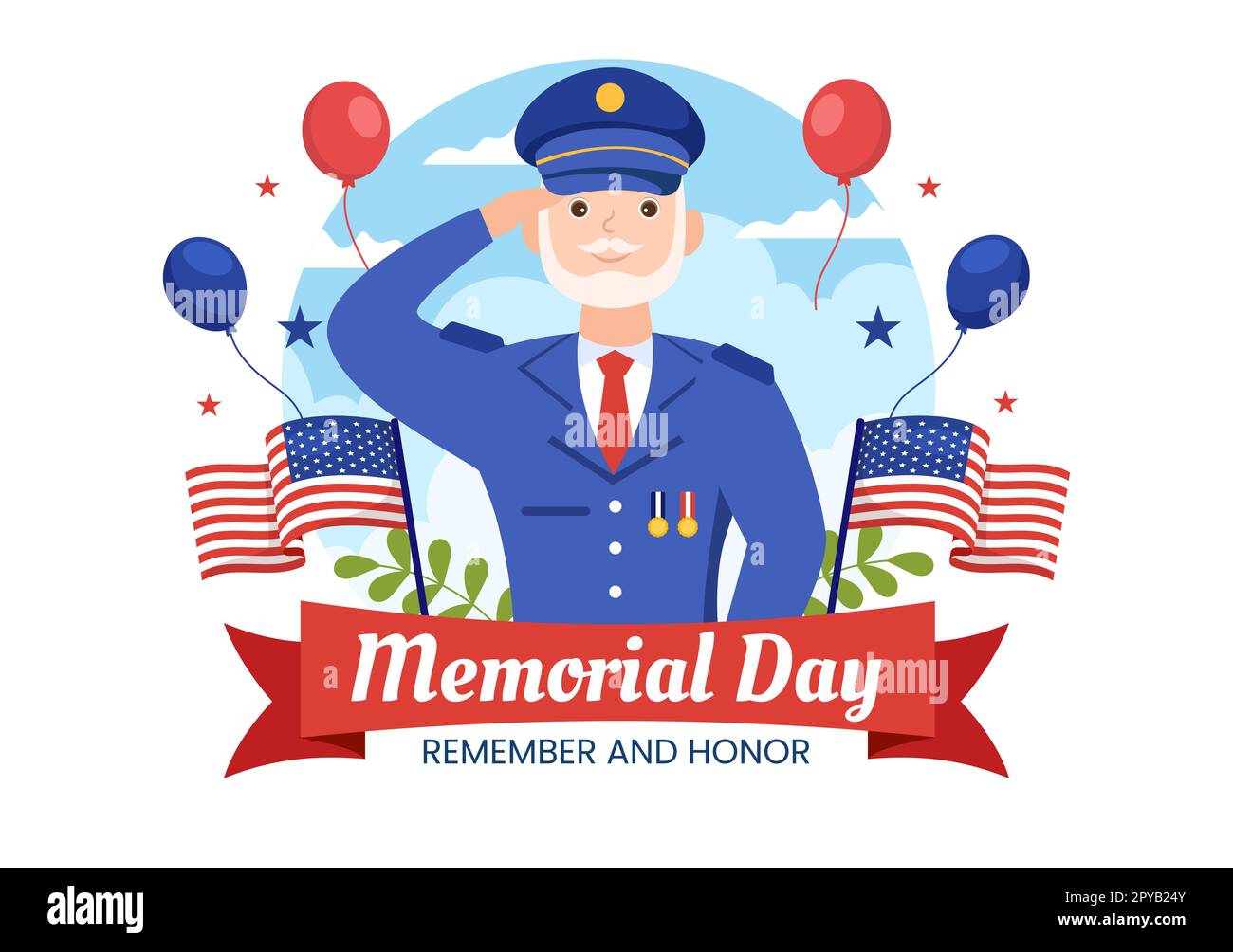 Memorial Day Illustration avec drapeau américain, Remember and Honor to Meritorous Soldier in Flat Cartoon dessiné à la main pour les modèles de page d'arrivée Banque D'Images