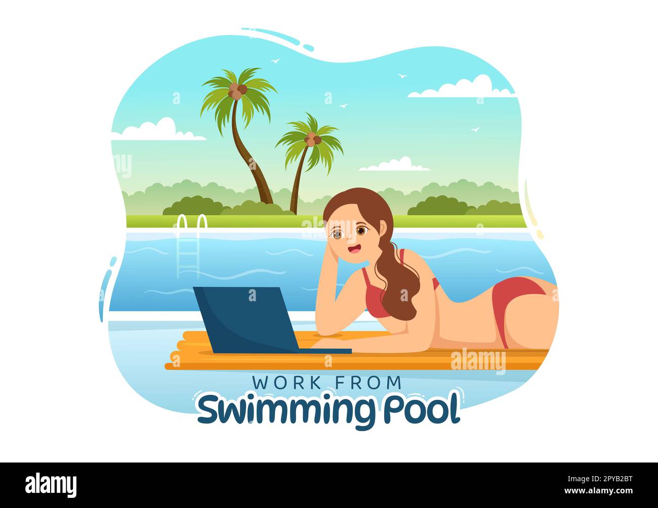 Travailleurs indépendants de la piscine Illustration avec détente, boire des cocktails et l'utilisation de l'ordinateur portable dans le dessin main pour les modèles de page d'arrivée Banque D'Images