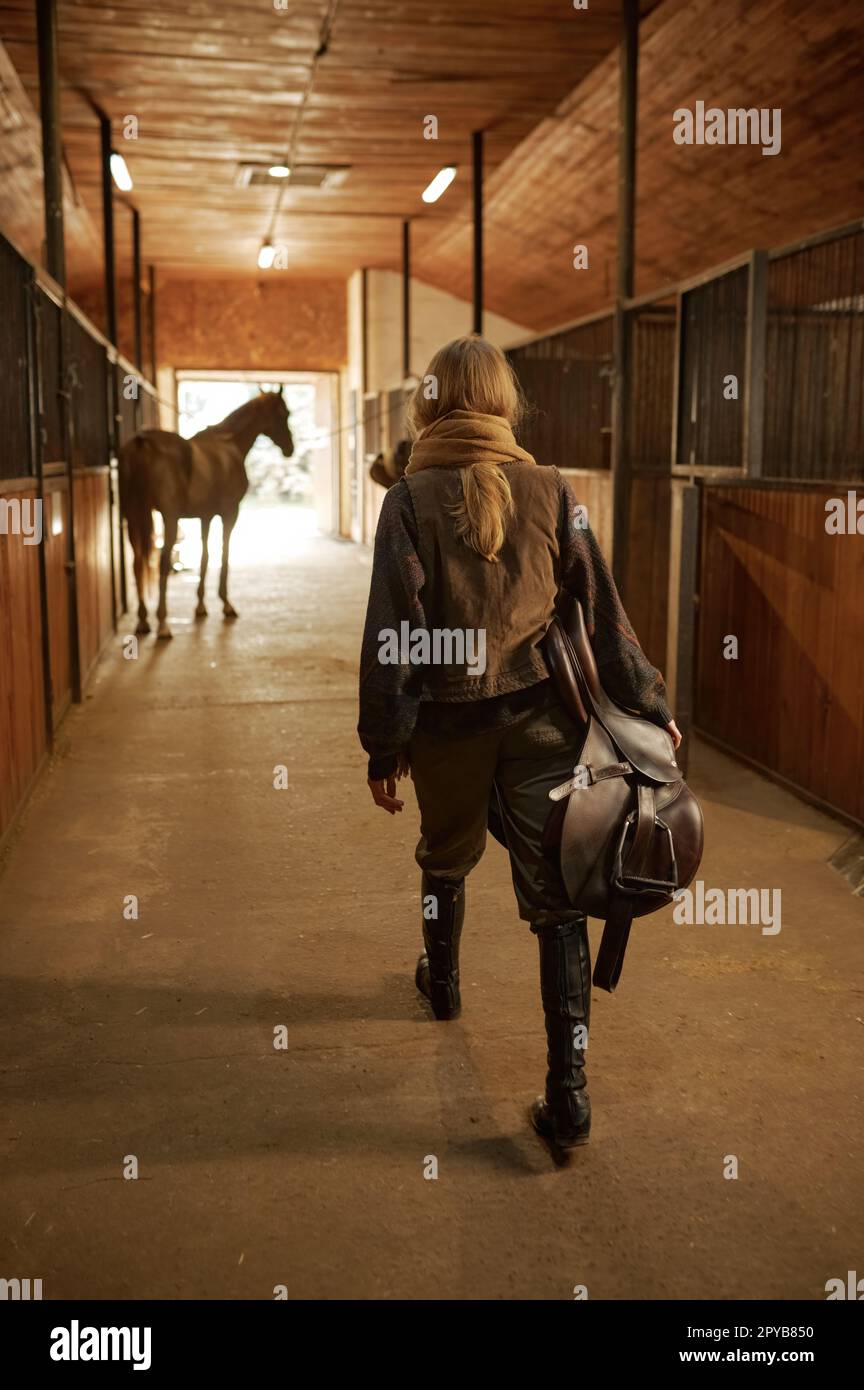 Vue de l'arrière sur une horsewoman de marche transportant la selle à la main Banque D'Images