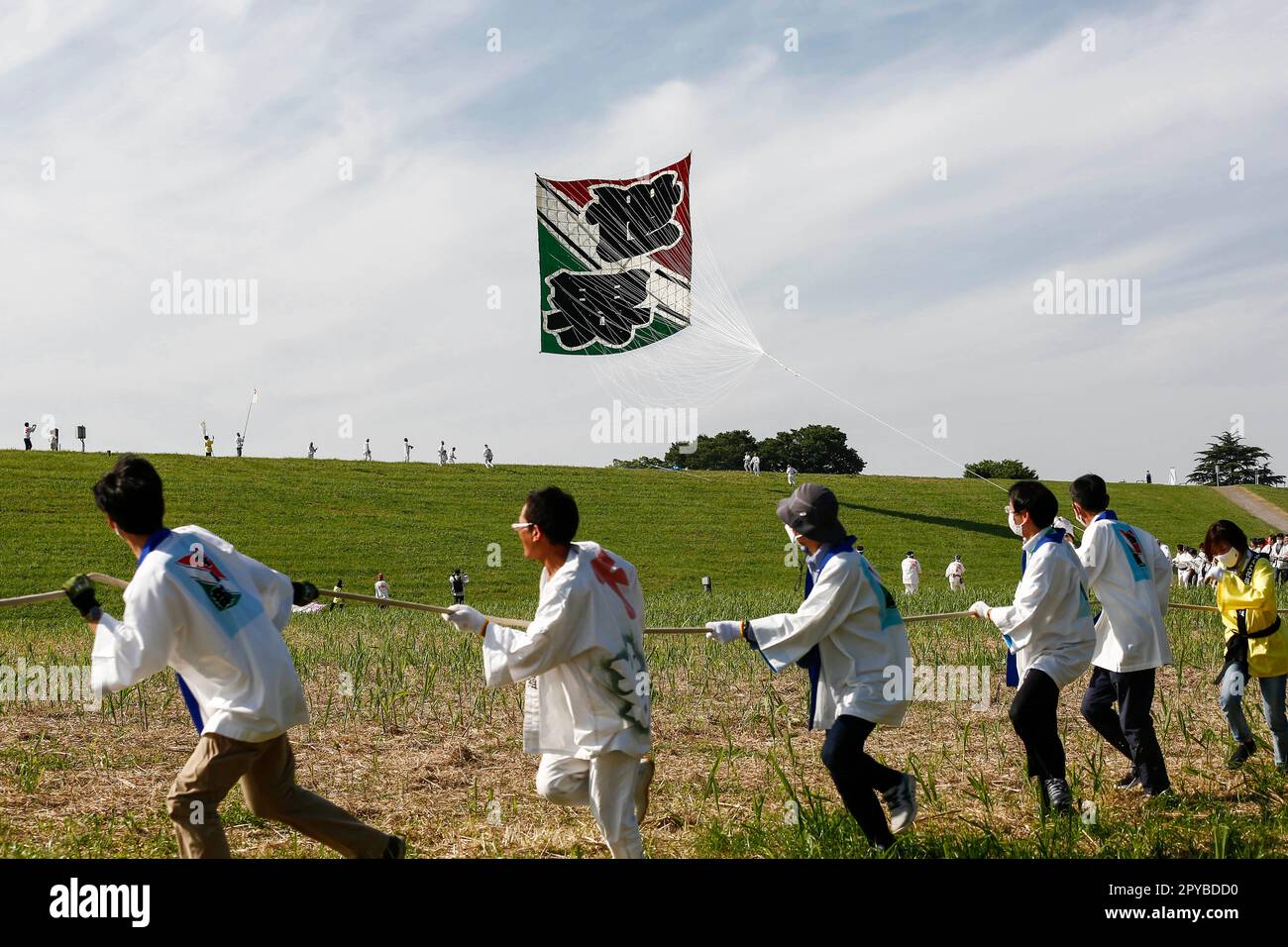 3 mai 2023, Saitama, Japon: Les participants volent un énorme cerf-volant pendant le festival du cerf-volant géant dans la ville de Kasukabe. Les participants ont volé d'énormes cerfs-volants dans la prière pour une récolte abondante de leur élevage de vers à soie. Les deux cerfs-volants les plus géants pèsent 800 kg (le même poids qu'une petite voiture) et sont de 11 mètres de large par 15 mètres de haut. La célébration a eu lieu chaque année depuis 1841, sauf lors de la pandémie COVID-19. Cela a commencé quand un moine bouddhiste en visite a informé les habitants qu'un cerf-volant a été envoyé pour prier pour une récolte abondante de vers-soie. Le festival annuel a lieu cette année de 3 mai à Ma Banque D'Images