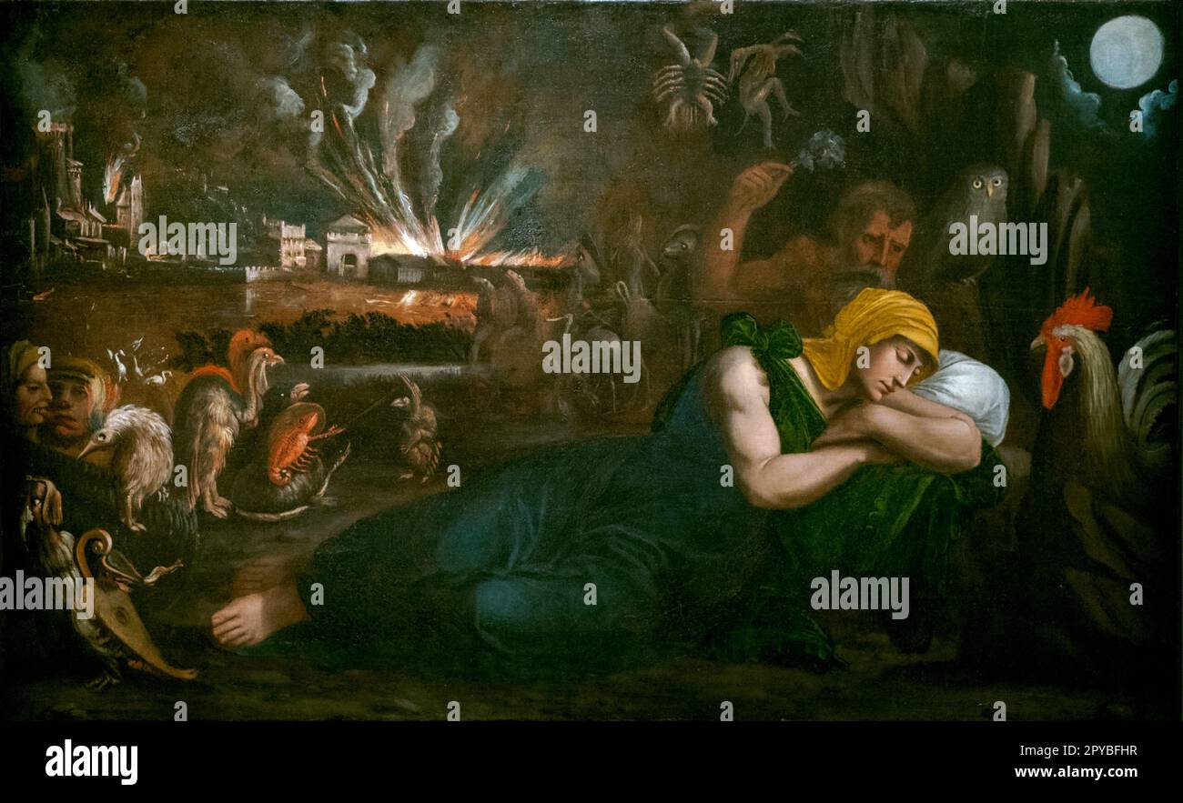 Battista Dossi, la nuit, 1534, panneau d'huile sur bois, Musée d'Art . Ancien musée du Maître ; Dresde, Allemagne Banque D'Images
