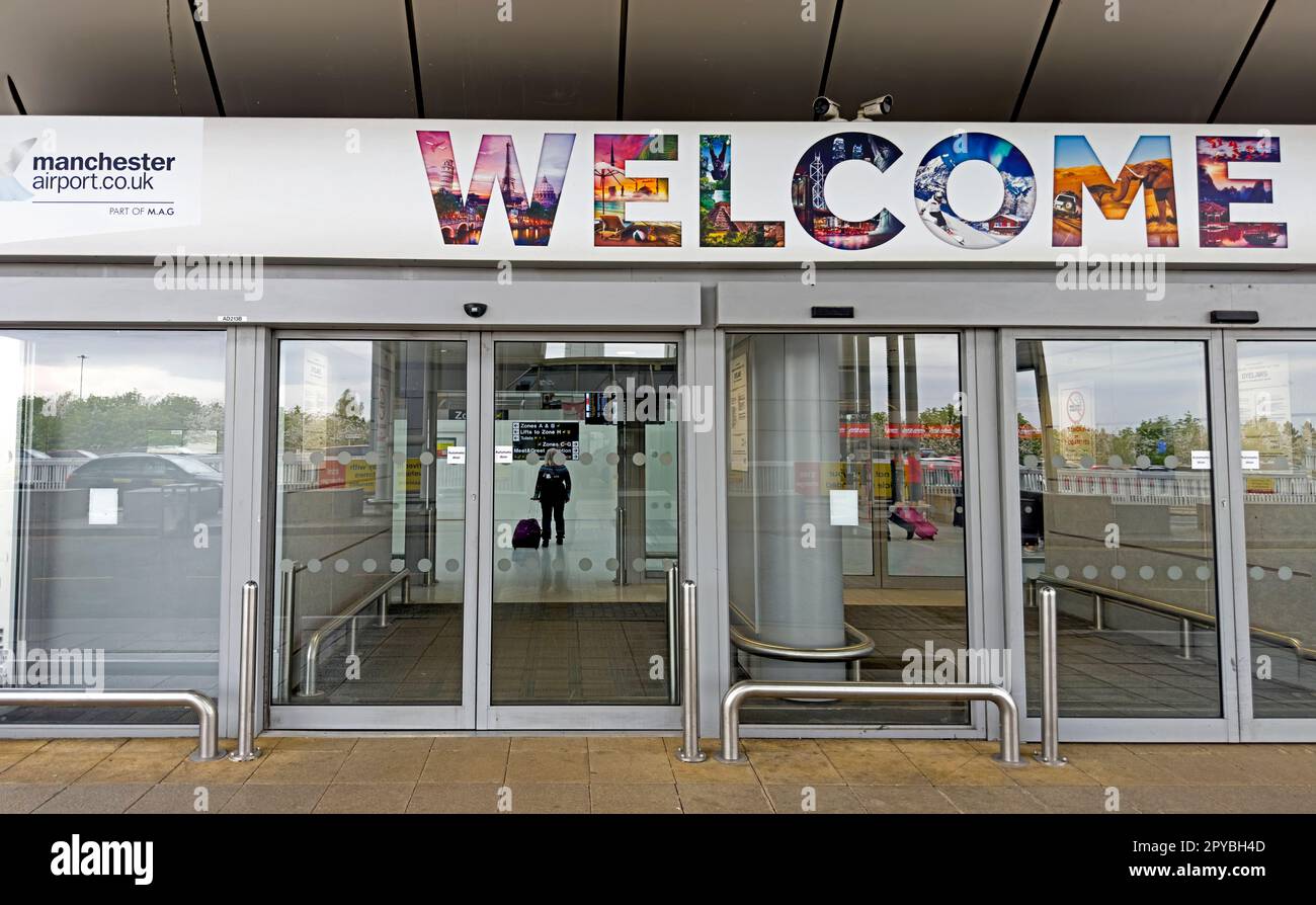 Bienvenue à l'aéroport international de Manchester, Angleterre, Royaume-Uni, M90 1QX Banque D'Images