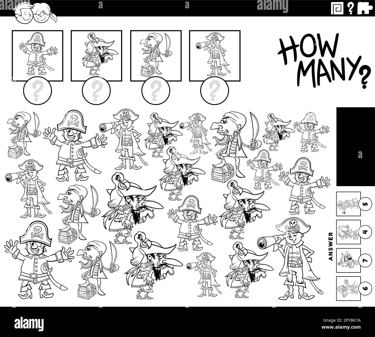 Illustration en noir et blanc de l'activité de comptage éducative avec les personnages amusants de caricature de pirates page Illustration de Vecteur