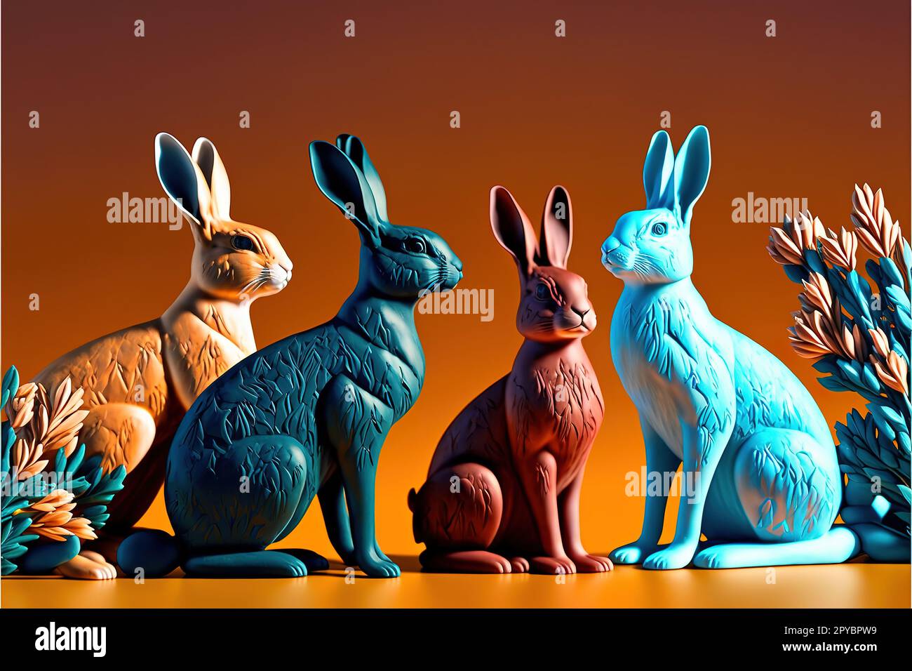 Ensemble de lapins chinois sur fond de couleur Banque D'Images