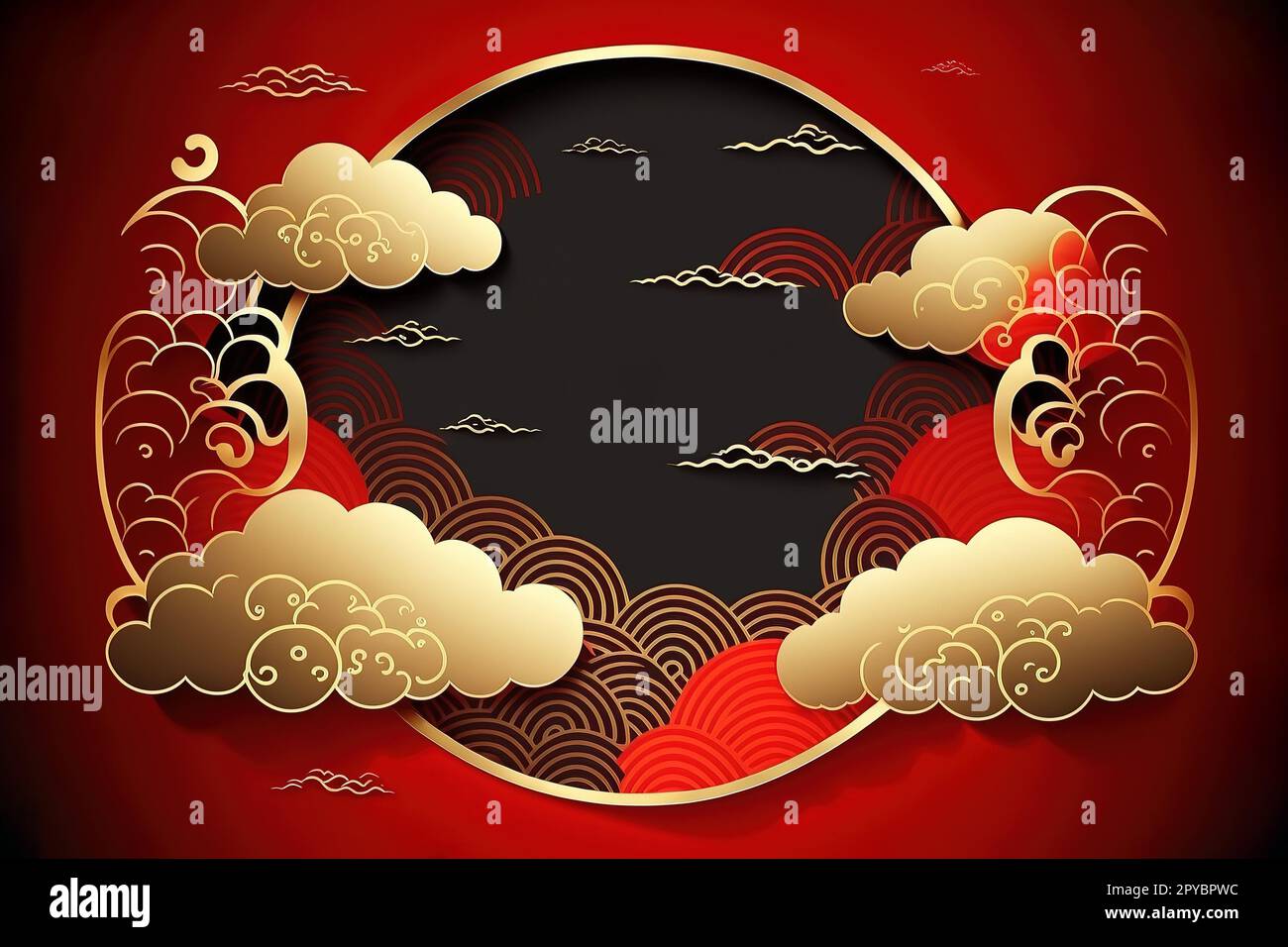 Carte de voeux chinoise ou bannière avec nuages rouges et or et motifs asiatiques dans le style moderne. Style de cadre chinois vectoriel sur fond rouge, illustrations. Ornement oriental traditionnel chinois Banque D'Images