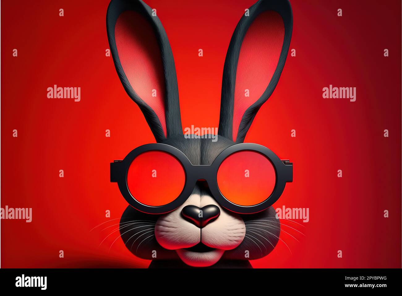 bannière avec visage drôle de sourire avec oreilles de lapin et lunettes de soleil isolé sur fond rouge. bannière du nouvel an 2023, affiche, flyer, couverture avec lapin mignon drôle Banque D'Images