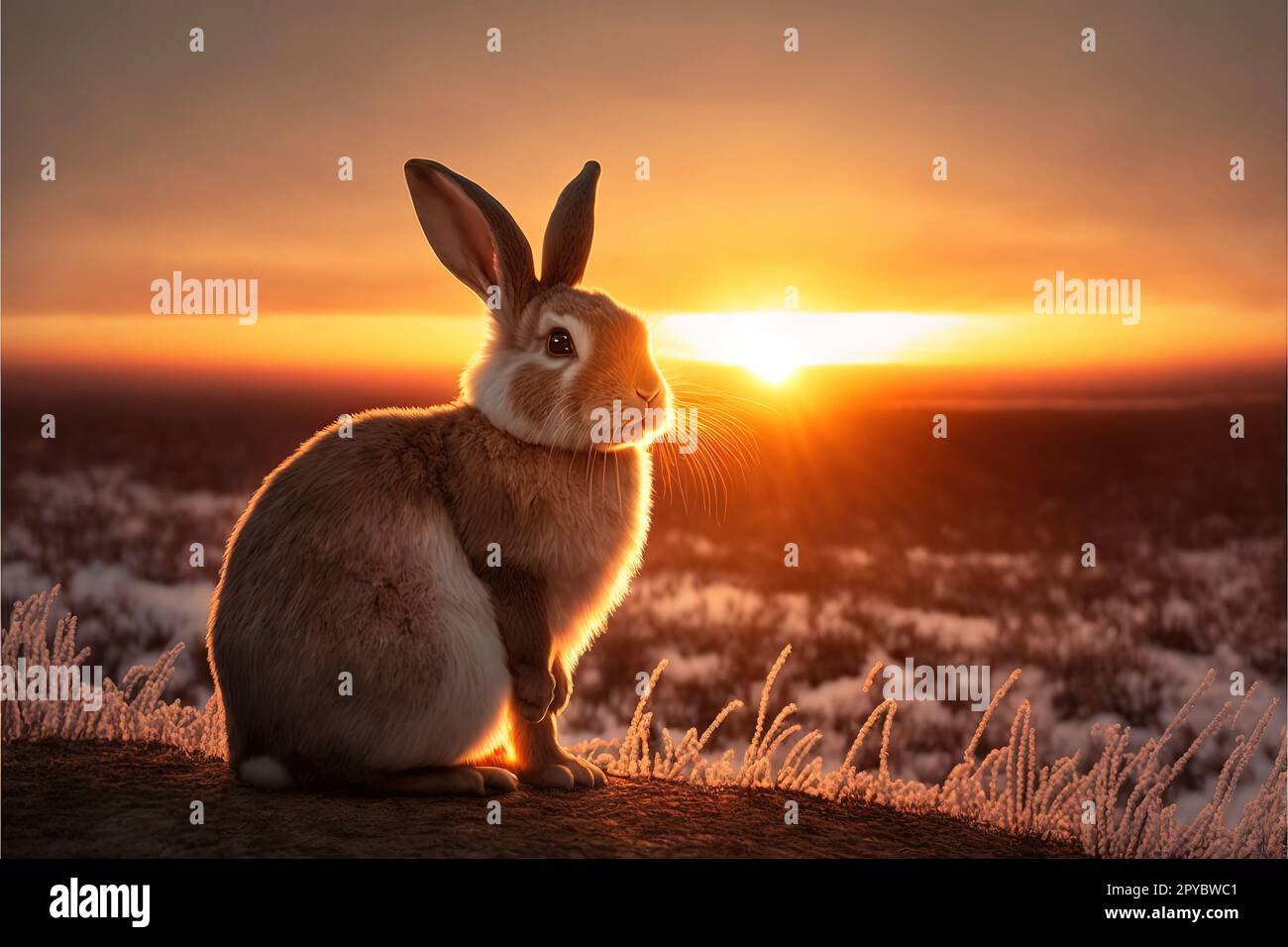 bonne année 2023 lapin regardant le soleil levant le matin du nouvel an Banque D'Images