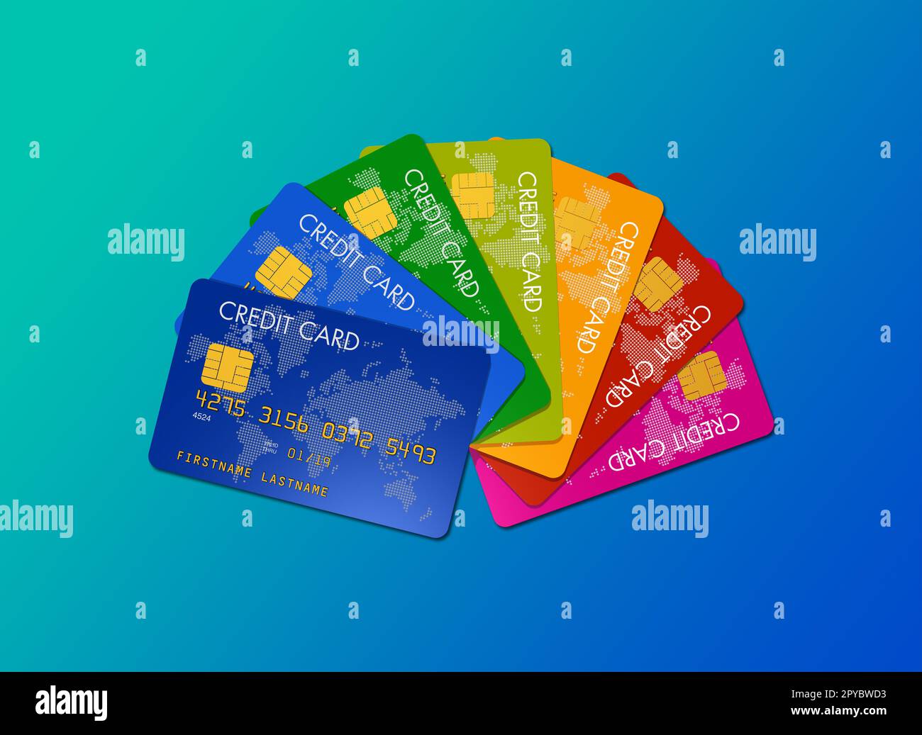 Cartes de crédit colorées isolées sur un fond bleu Banque D'Images