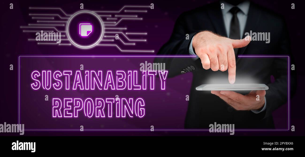 Affiche le rapport Sustainability. La photo conceptuelle donne de l'information sur les performances économiques de l'environnement Banque D'Images
