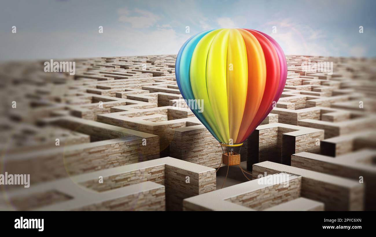 Montgolfière multicolore sur labyrinthe. Illustration 3D. Banque D'Images