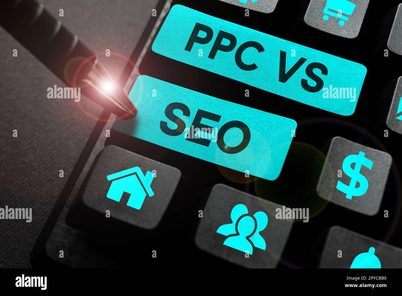 Légende conceptuelle PPC vs Seo. Aperçu de l'entreprise payez par clic par rapport aux stratégies d'optimisation des moteurs de recherche Banque D'Images