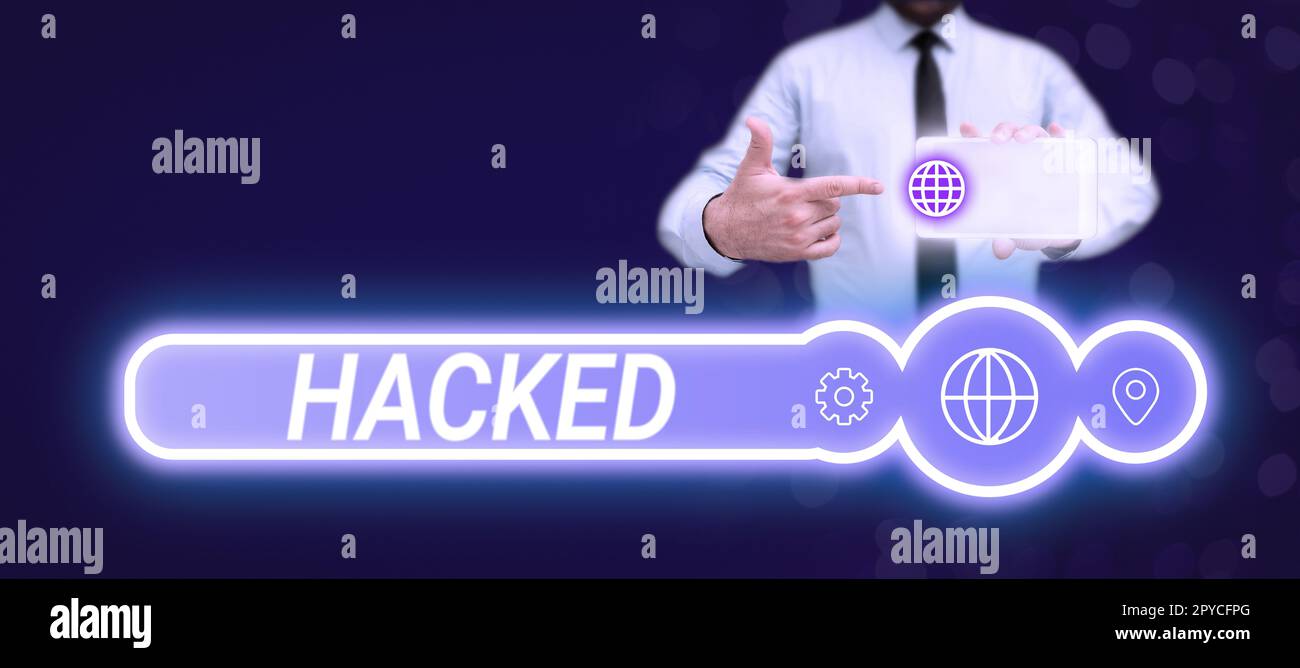 Texte montrant l'inspiration piratée. Concept d'entreprise accès non autorisé aux données du système ou de l'informatique cybercriminalité Banque D'Images