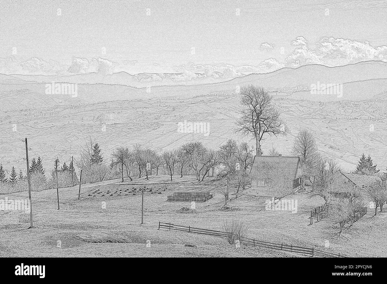 Village éloigné dans les montagnes Carpathian gravure dessin dessiné à la main Banque D'Images