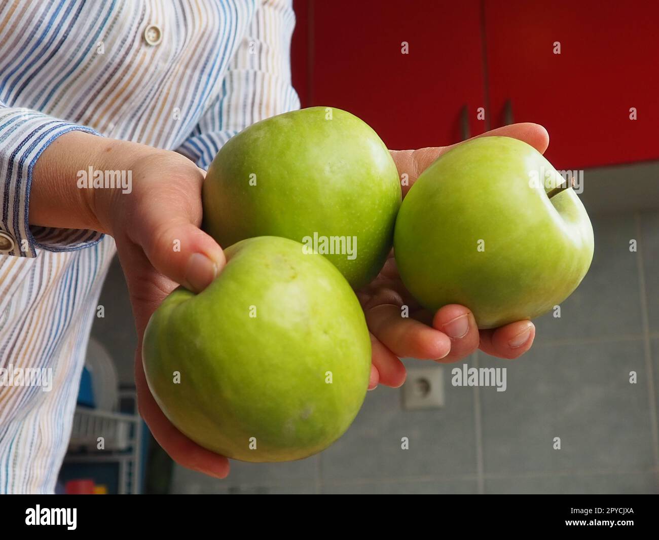 Pommes à la main. La femme tient trois pommes vertes dans ses mains et les offre au spectateur. Aliments biologiques. Fruits frais pour la nourriture. Grosse pomme aigre. Chemise blanche à rayures. Cuisine avec mobilier rouge Banque D'Images