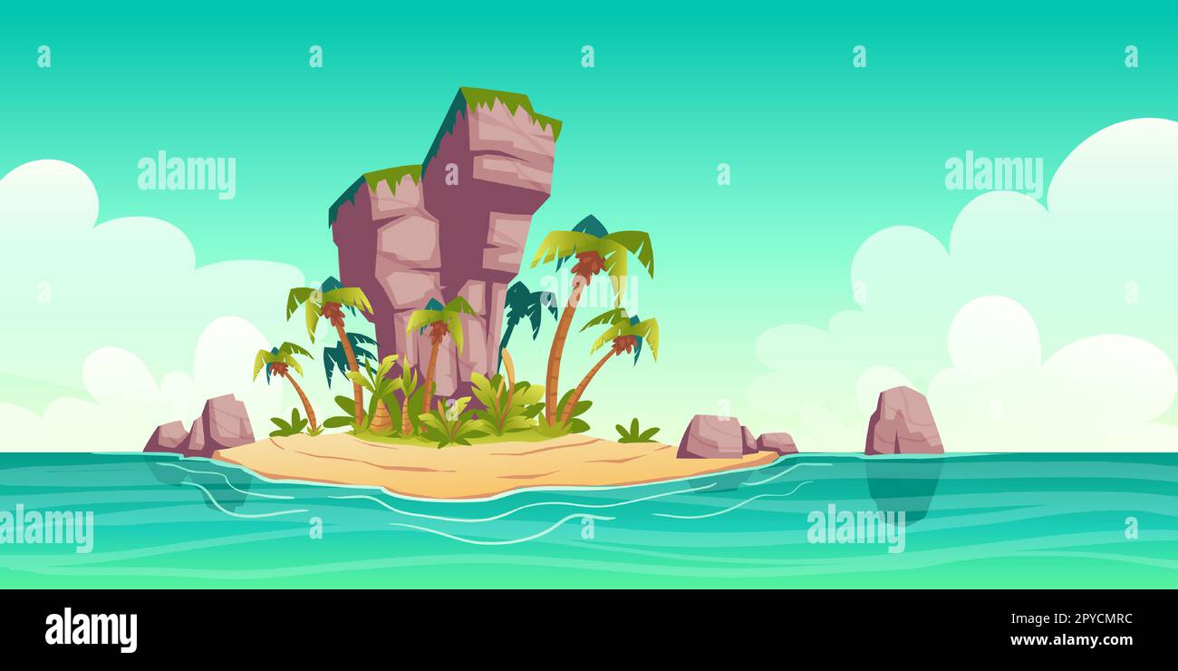 Île tropicale dans l'océan avec palmiers et roc. Dessin animé vectoriel du paysage marin d'été avec rivage paradisiaque, plage de sable et cocotiers. Voyage et vacances exotiques Illustration de Vecteur