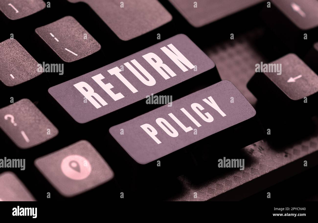 Légende présentant la politique de retour. Approche commerciale remboursement de la taxe Conditions générales de vente au détail à l'achat Banque D'Images