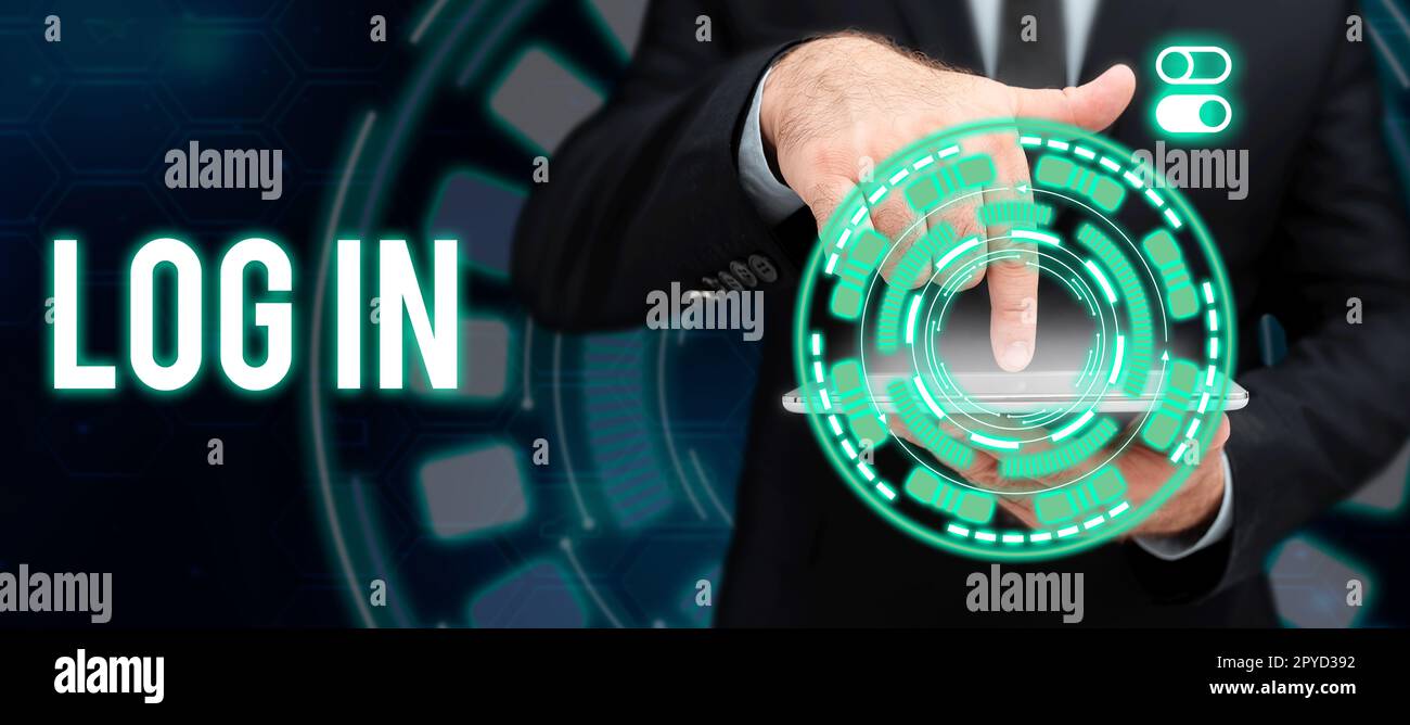 Texte montrant inspiration se connecter. Mot écrit à l'étape de la procédure pour commencer à utiliser un ordinateur ou une base de données Banque D'Images