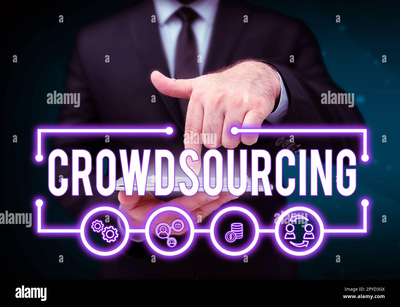 Affichage conceptuel du crowdsourcing. Vitrine d'affaires obtenir des informations de travail d'un grand groupe de personnes Banque D'Images