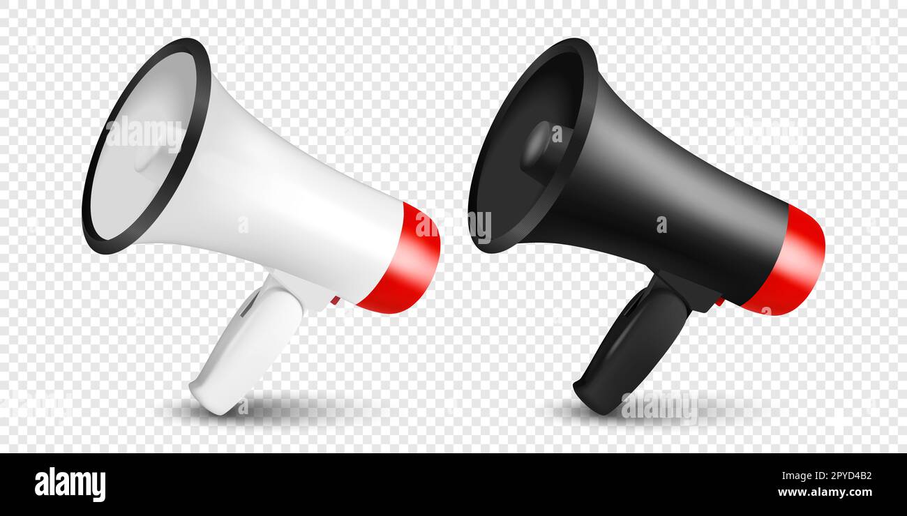 Vector Realistic 3D simple jeu d'icônes de mégaphone blanc et noir gros plan isolé. Modèle de conception, bannière, Web. Modèle de conception de haut-parleur. Annonce, A Banque D'Images