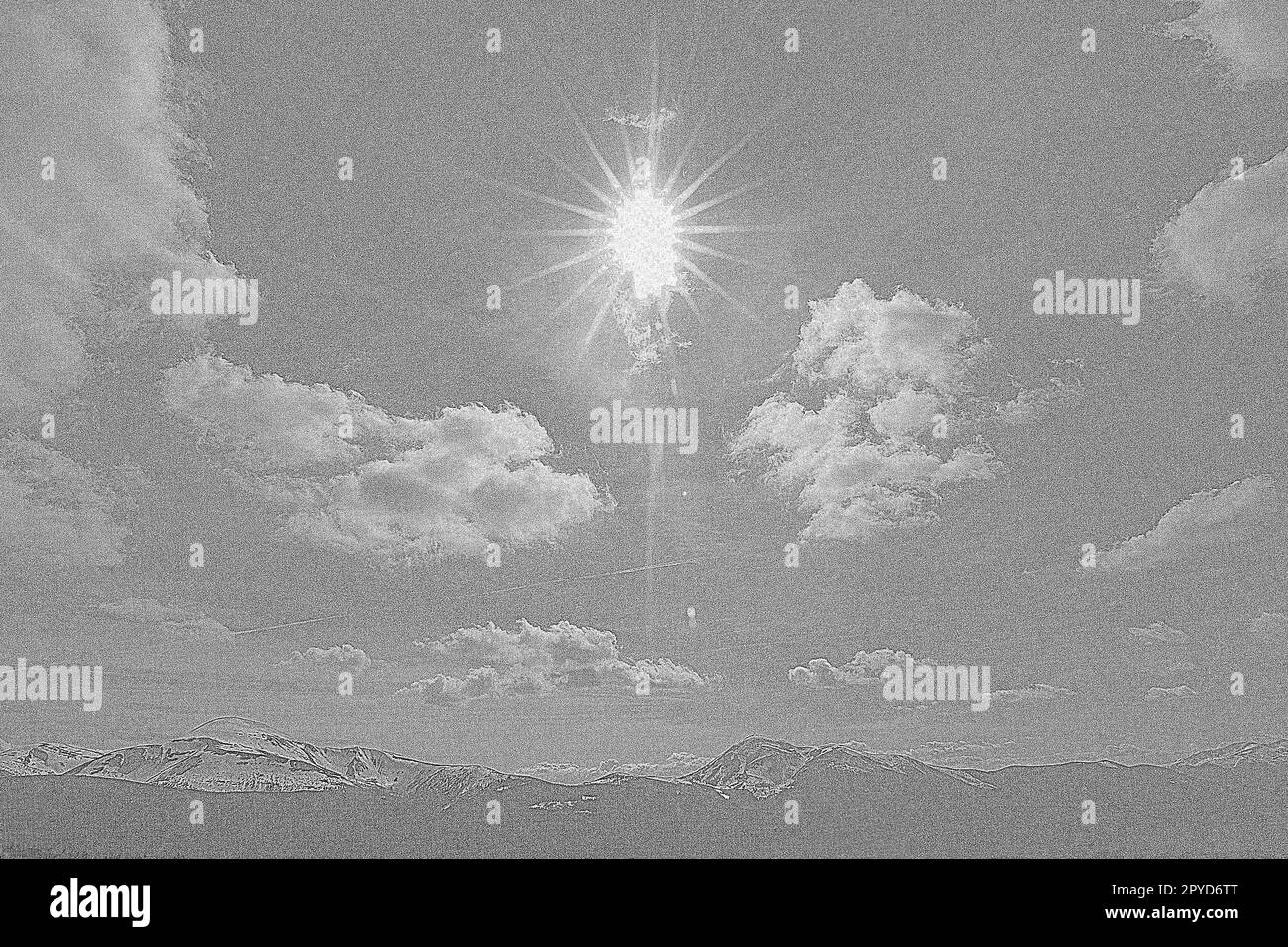 Ciel avec soleil lumineux au-dessus des chaînes de montagnes gravure dessin à la main Banque D'Images