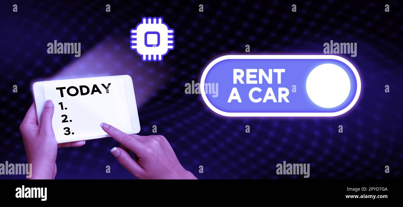 Affiche textuelle indiquant Rent A car. Mot écrit sur le paiement de l'utilisation temporaire du véhicule d'un jour à plusieurs mois Banque D'Images