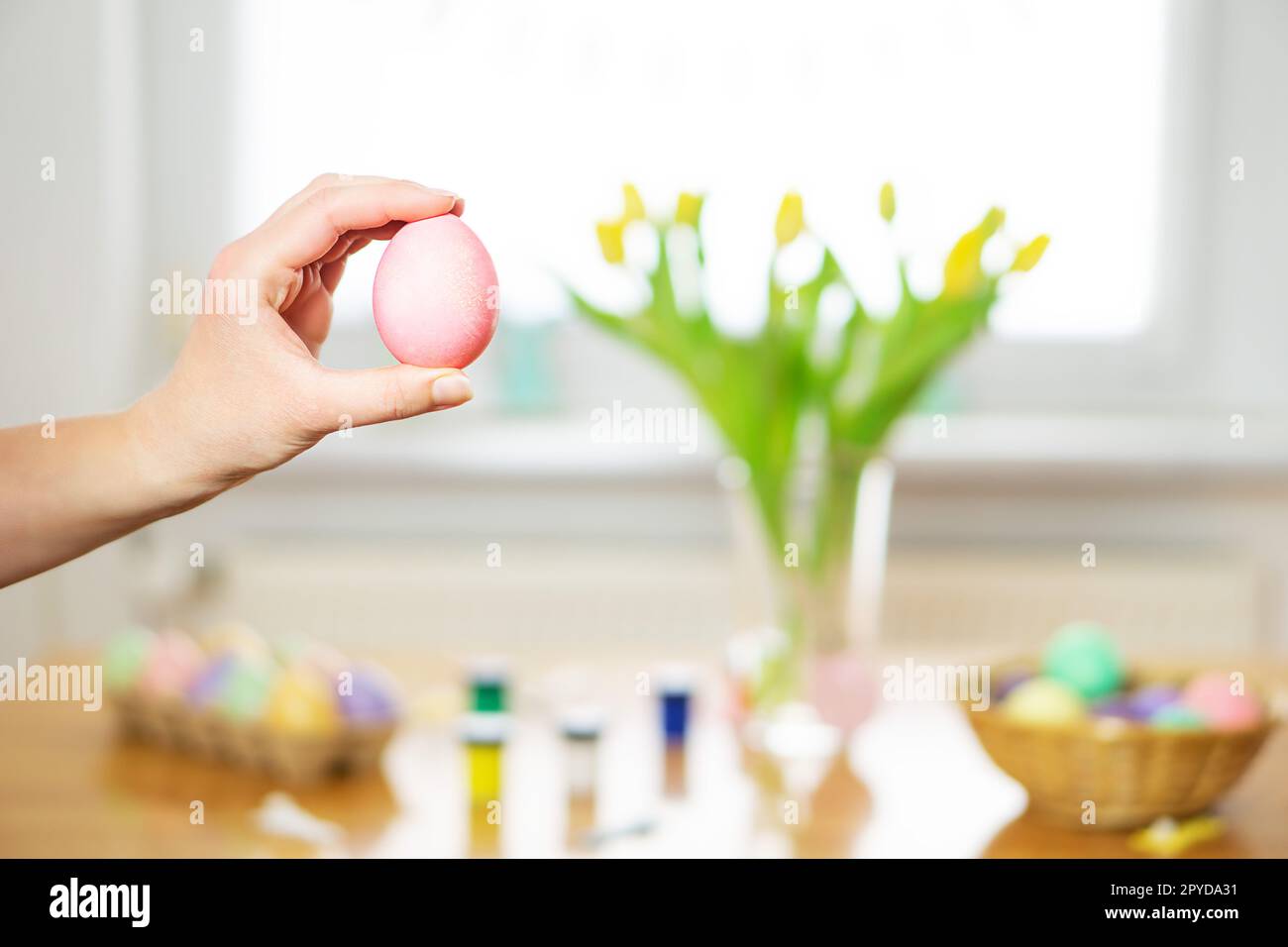 Main femelle tenant un oeuf de Pâques peint rose. Décoration de nourriture maison. Préparation pour Pâques. Banque D'Images