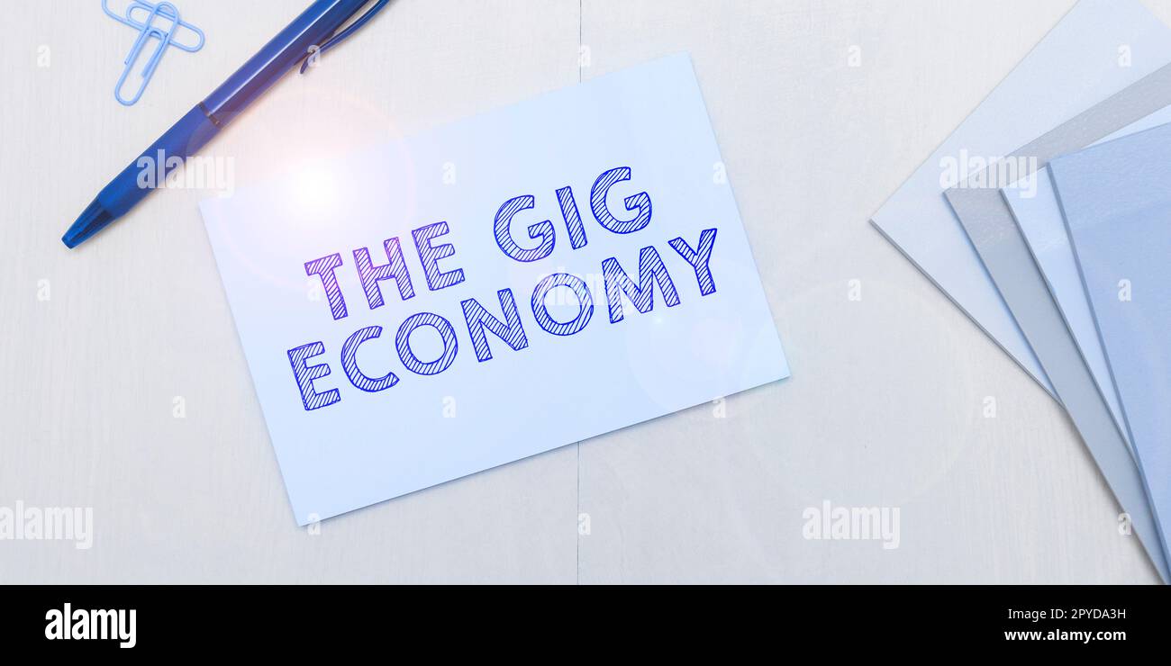 Légende conceptuelle The Gig Economy. Vitrine marché des contrats à court terme travail indépendant temporaire Banque D'Images