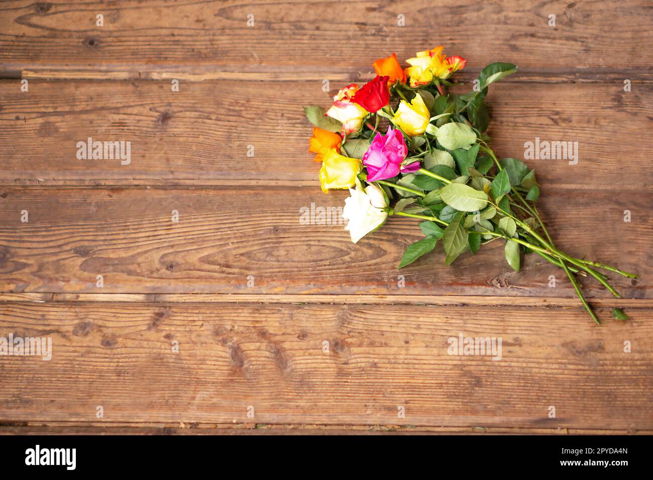 Bouquet de fleurs roses colorées sur le vieux fond en bois brun. Vue de dessus avec espace de copie. Carte de voeux pour la fête des mères ou des femmes. Photo de haute qualité. Banque D'Images