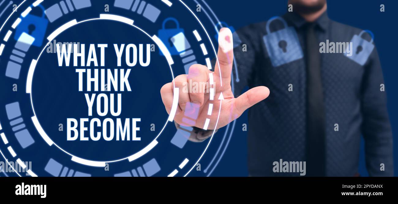 Texte montrant l'inspiration ce que vous pensez devenir. Mot écrit sur être réussi et positif dans la vie exigent de bonnes pensées Banque D'Images