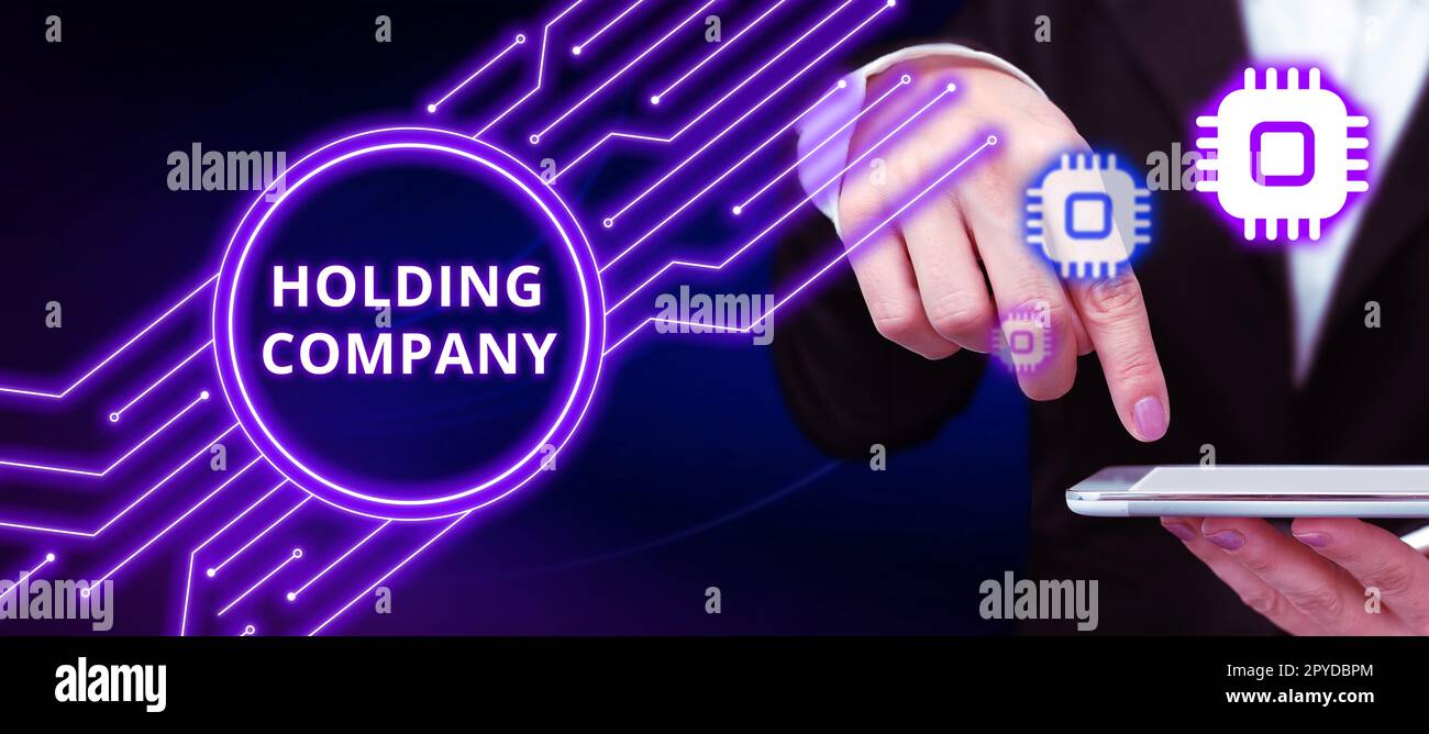 Écriture affichant le texte Holding Company. Le concept d'Internet stocke les biens et autres actifs financiers en la possession de quelqu'un Banque D'Images