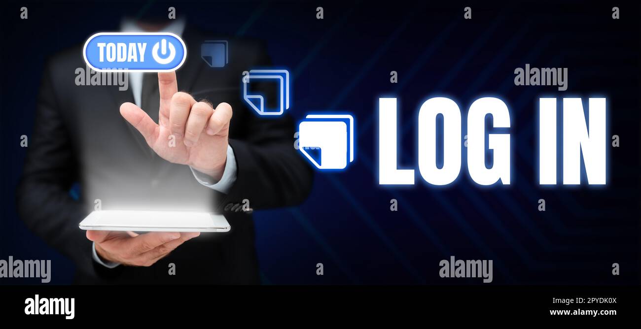 Inspiration montrant le signe se connecter. Mot écrit à l'étape de la procédure pour commencer à utiliser un ordinateur ou une base de données Banque D'Images