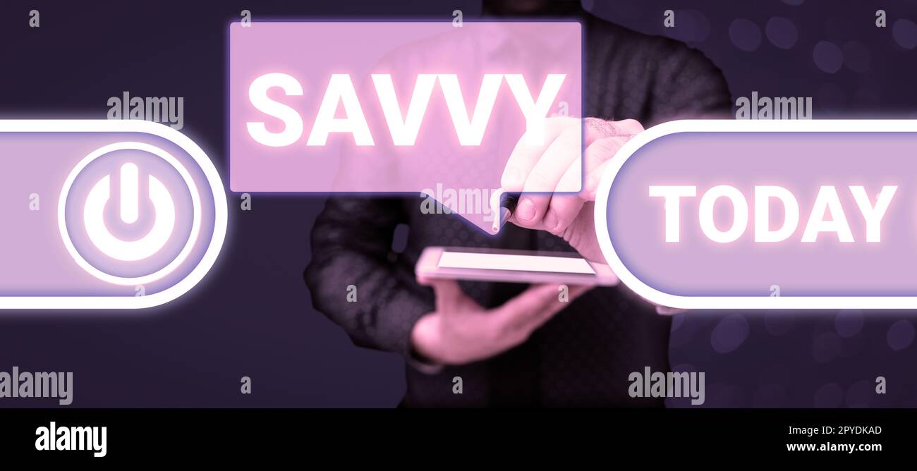 Texte d'écriture Savvy. Vitrine d'affaires ayant la perception, la compréhension dans des questions pratiques Banque D'Images