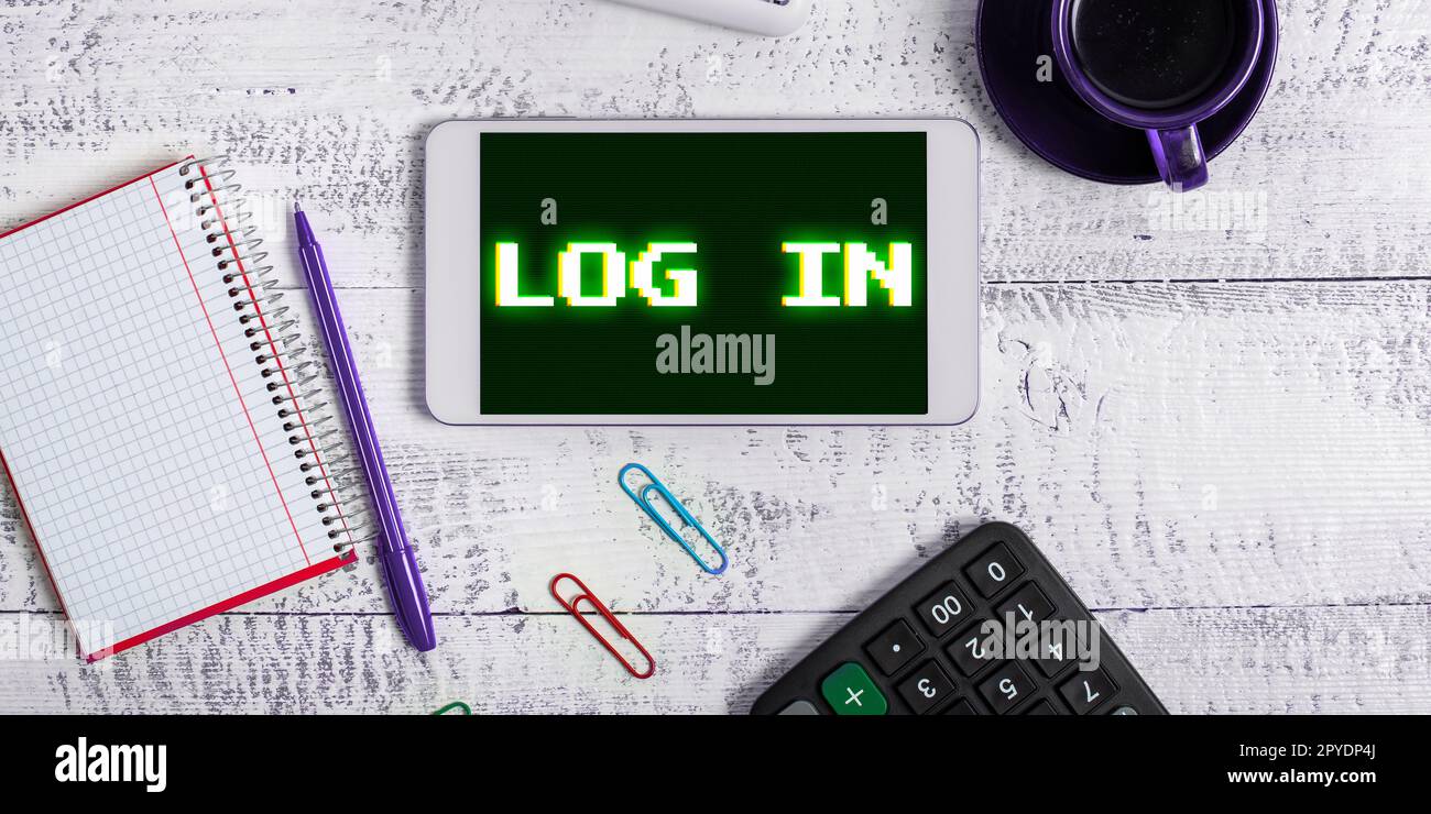 Inspiration montrant le signe se connecter. Idée d'affaires passez par les procédures pour commencer à utiliser un ordinateur ou une base de données Banque D'Images