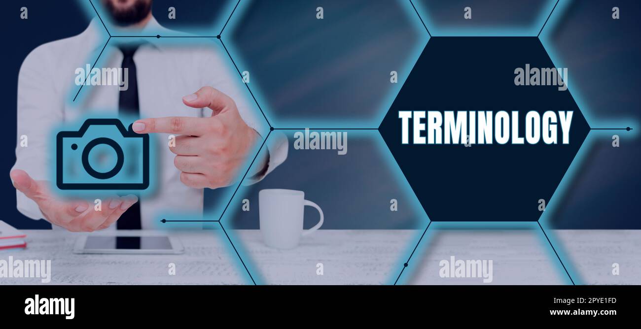 Affiche indiquant la terminologie. Présentation commerciale termes utilisés avec une application technique particulière dans les études Banque D'Images