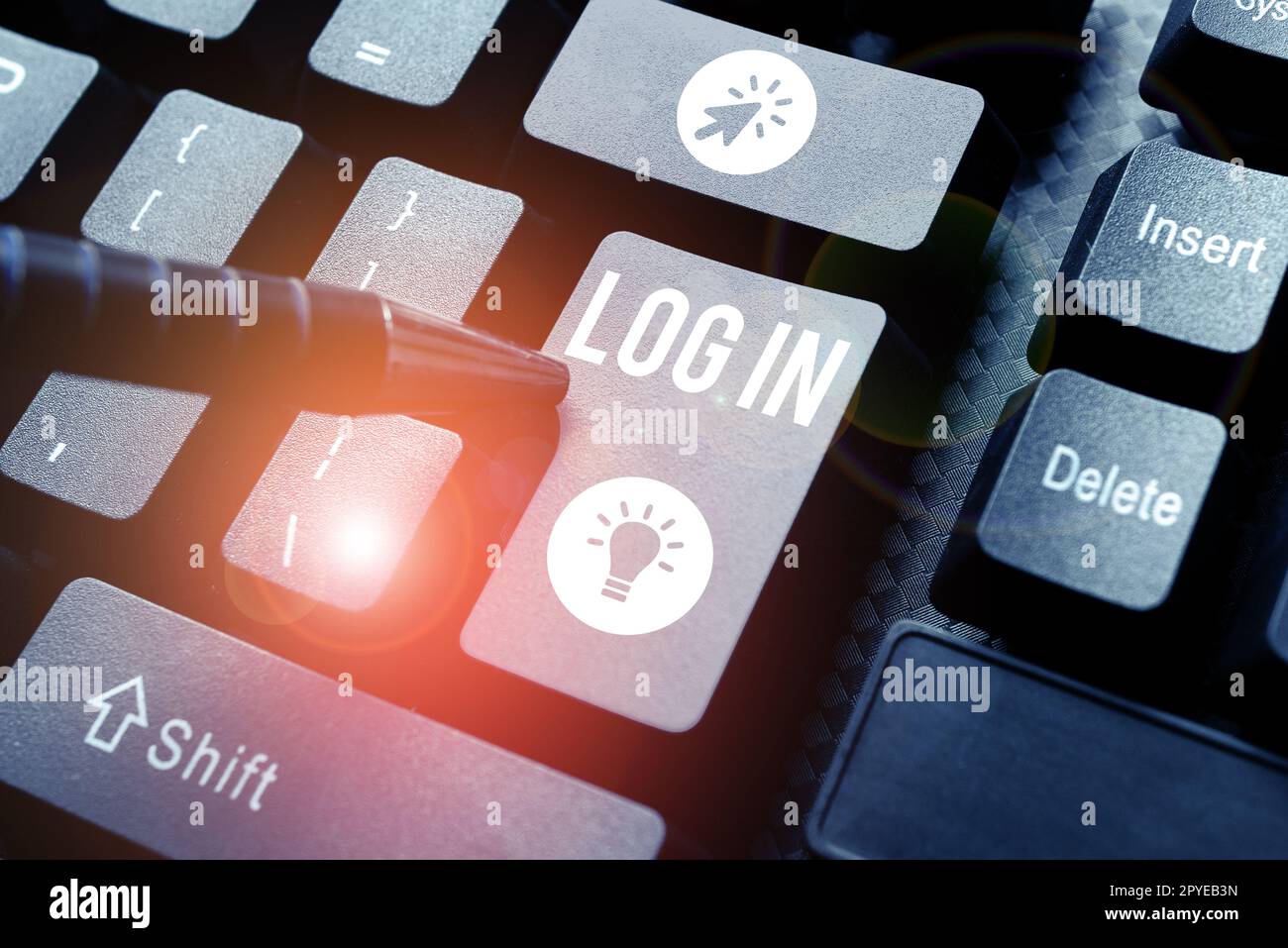 Affiche manuscrite Connectez-vous. Concept Internet passer par les procédures pour commencer à utiliser un ordinateur ou une base de données Banque D'Images