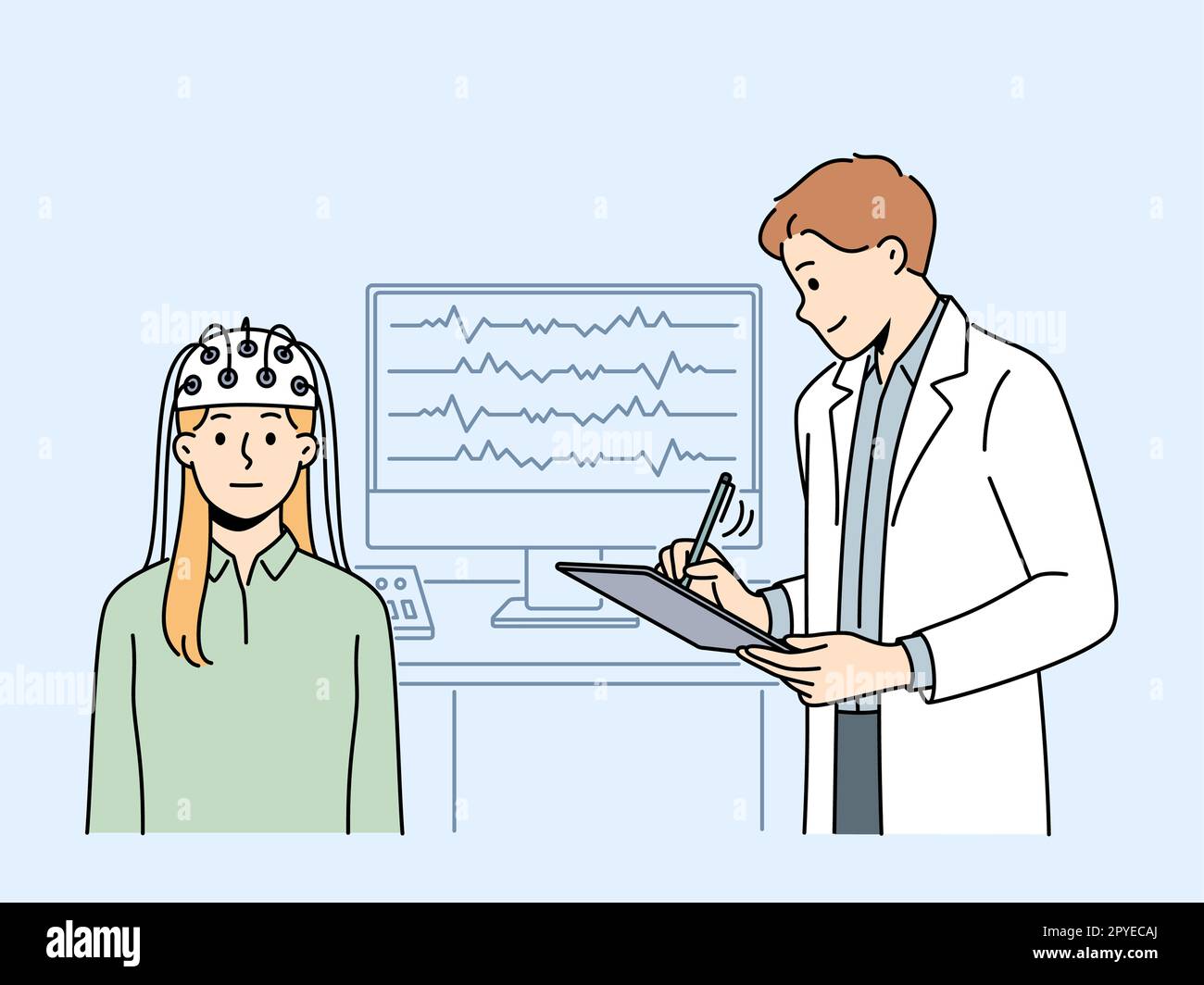 Une patiente doit effectuer une acquisition EEG à l'hôpital. Un médecin de sexe masculin examine une femme cliente dans une clinique de neurologie. Examen et examen neurologiques. Illustration vectorielle Banque D'Images