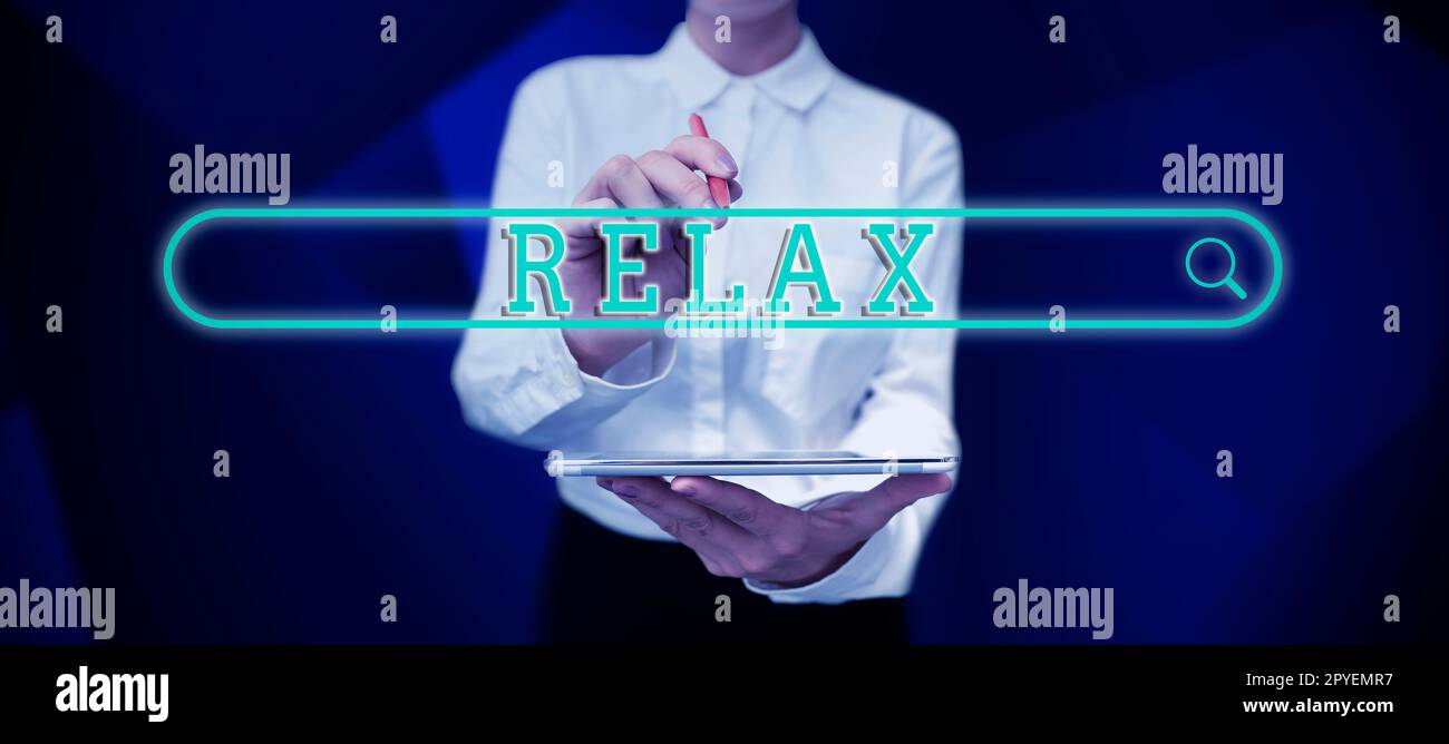Panneau textuel montrant Relax. Mot pour faire ou devenir moins tendu anxieux calmant pas de restrictions Banque D'Images