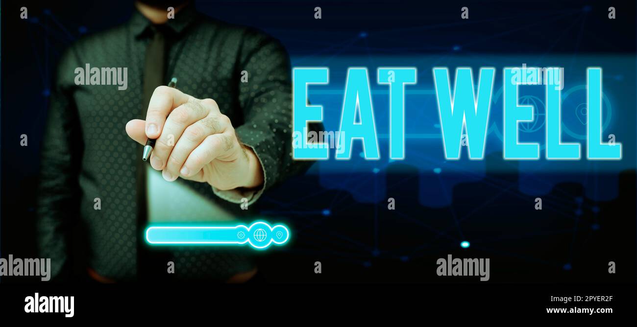 Légende conceptuelle mangez bien. Mot pour la pratique de manger seulement les aliments qui sont entiers et non transformés Banque D'Images