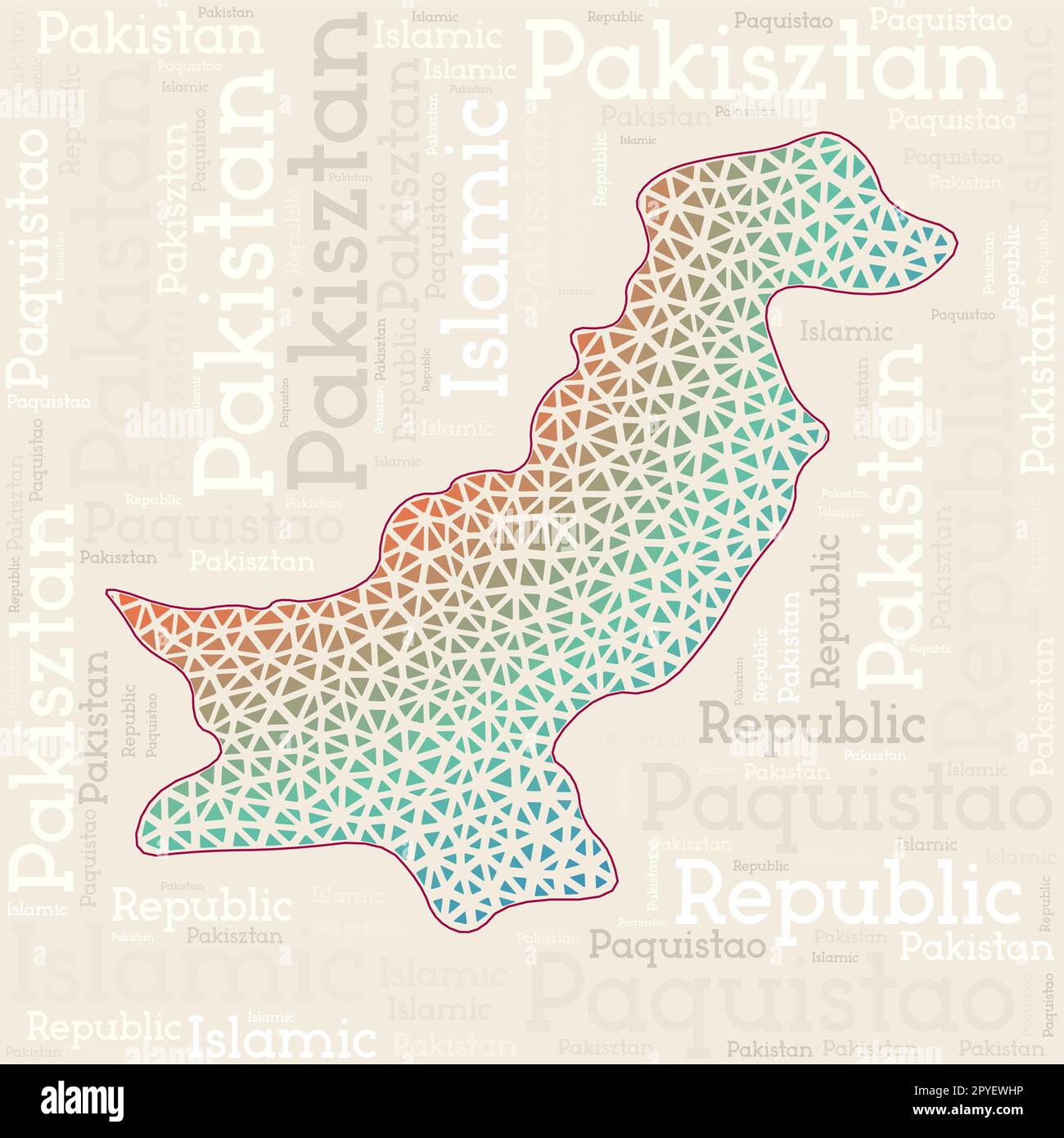 PAKISTAN conception de carte. Noms de pays dans différentes langues et forme de la carte avec des triangles polytrapézoïdales géométriques bas. Illustration vectorielle élégante du Pakistan. Illustration de Vecteur