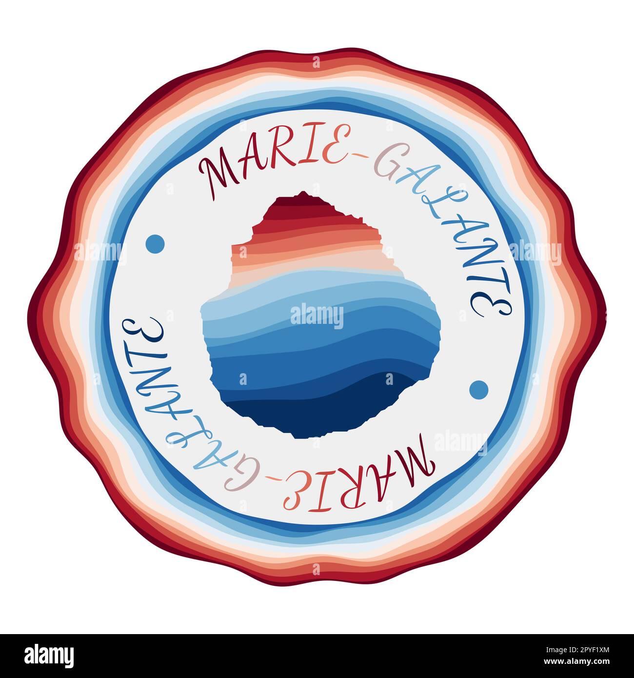 Badge Marie-Galante. Carte de l'île avec de belles vagues géométriques et un cadre rouge bleu vif. Logo Marie-Galante aux couleurs vives. Illustration vectorielle. Illustration de Vecteur