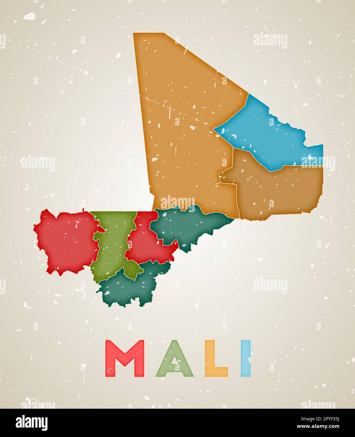 Mali carte. Affiche pays avec régions de couleur. Ancienne texture de grunge. Illustration vectorielle du Mali avec nom de pays. Illustration de Vecteur