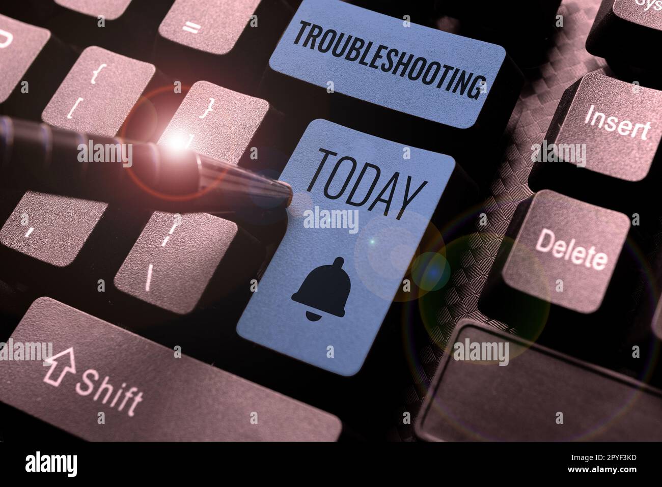 Affiche indiquant le dépannage. Aperçu de l'entreprise un acte d'enquête ou de gestion des problèmes s'est produit Banque D'Images