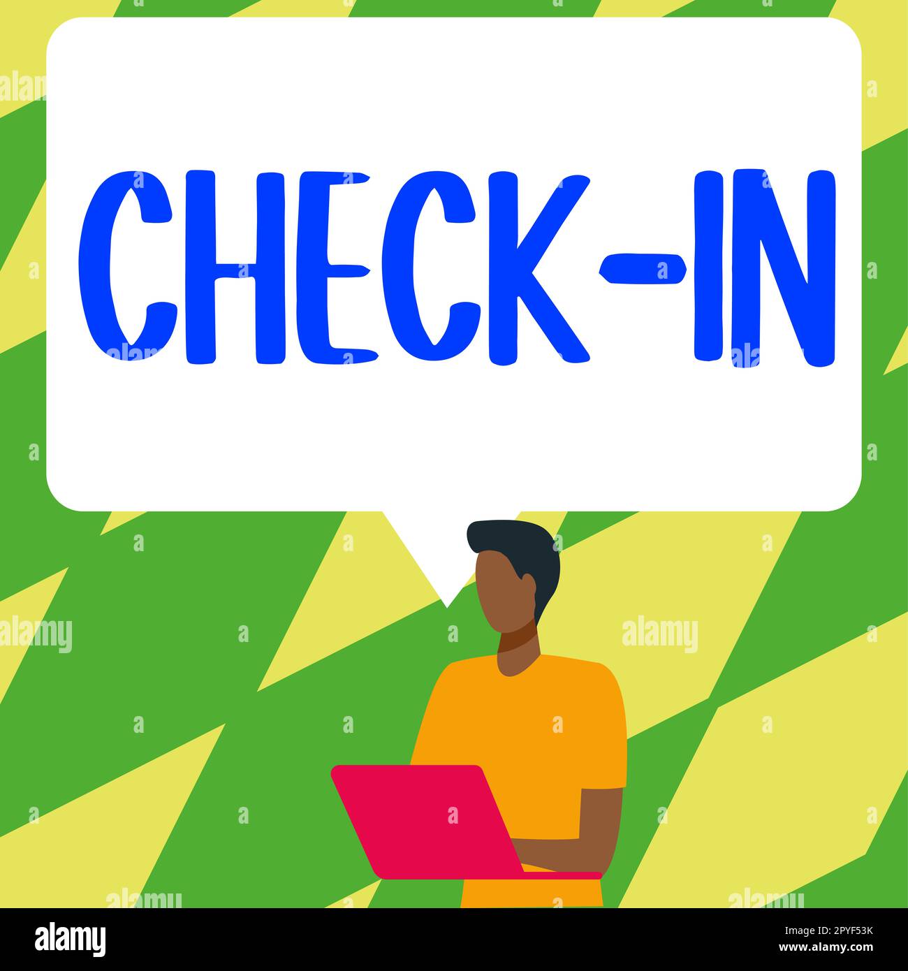 Affiche Check In. Mot pour la procédure par laquelle une compagnie aérienne ou un hôtel enregistre officiellement le client Banque D'Images