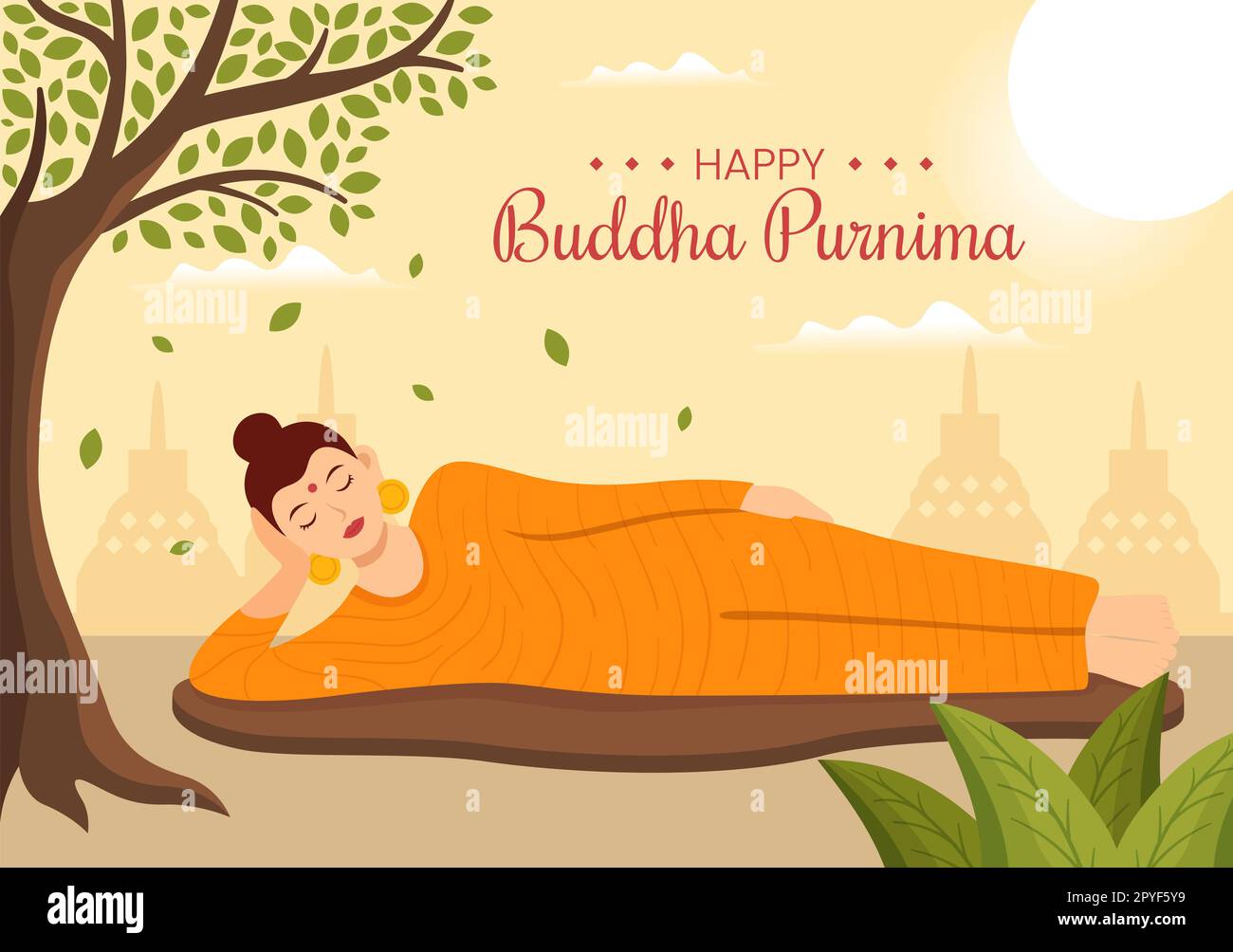 Happy Buddha Purnima Illustration avec Vesak Day ou Festival indien à spirituel en plat dessin main pour bannière Web ou modèles de page d'arrivée Banque D'Images