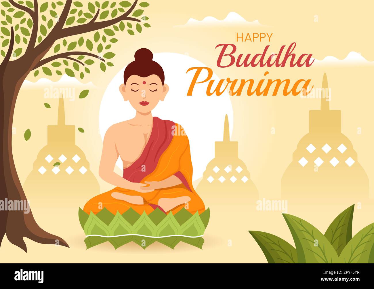 Happy Buddha Purnima Illustration avec Vesak Day ou Festival indien à spirituel en plat dessin main pour bannière Web ou modèles de page d'arrivée Banque D'Images